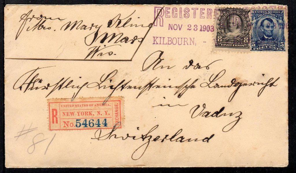 1903 registered cover to Liechtenstein.